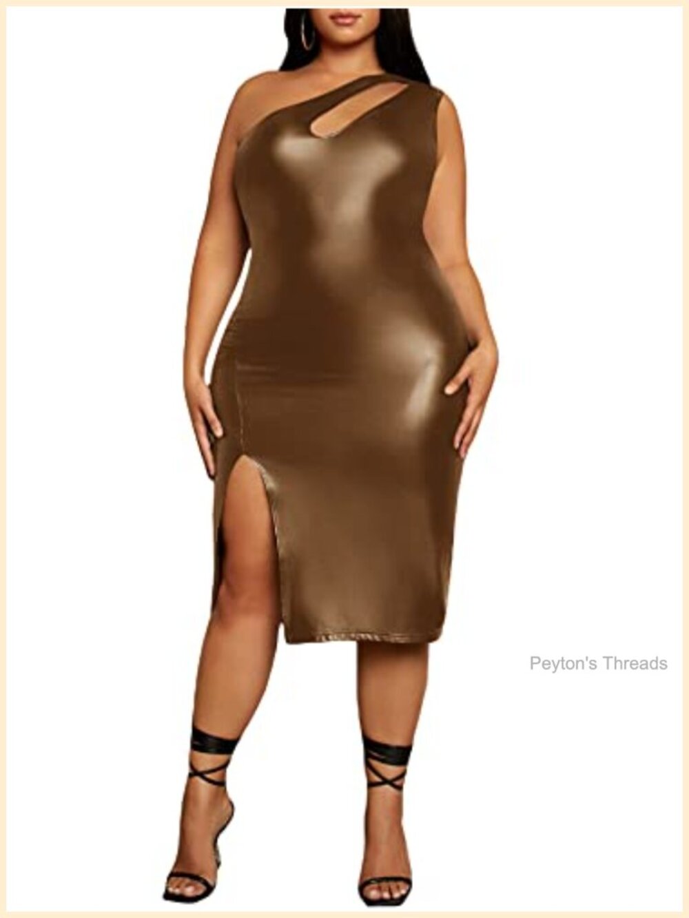 Plus Size Faux Leather Cut Out One Shoulder Split Thigh Bodycon Midi Dress